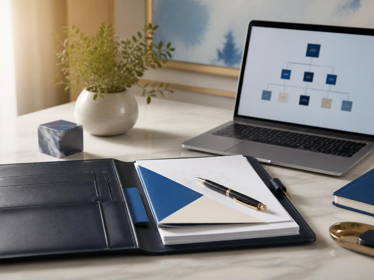 Documents, planning materials, and organizational chart on a consultant's desk